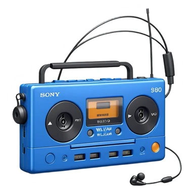 Blue Sony Walkman portable cassette player from the 1980s with headphones sticker