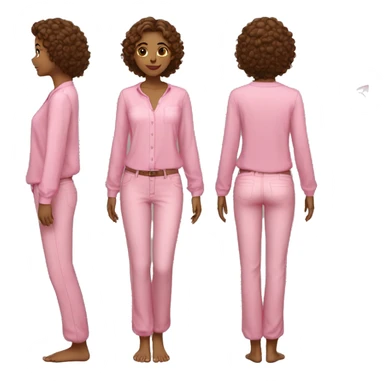 girl with straight curly hair with long sleeve pants with bare feet with flip flop with short sleeve blouse black pants pink blouse showing and pretty face sticker
