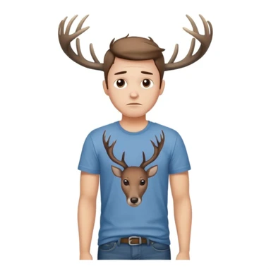 A casual guy with deer antlers, wearing a t-shirt and jeans, with a sad or thoughtful facial expression, neutral background, no snow sticker