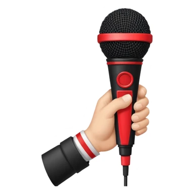 hand holding black stage microphone with red strip on bottom sticker