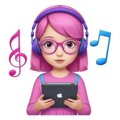 Little girl with purple headphones when pink eyes and pink iPad and pink dreamy background and rose colored glasses and blue music notes around her and pink dress sticker