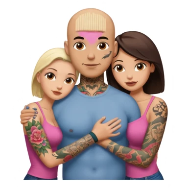throuple tattooed sleeves bbald male with topless naked big boobed brunette and topless naked big boobed blonde girlfriends  loving  and sexy polygamy naughty  sticker