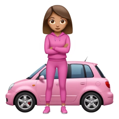 Create me a emoji girl with brown eyes in a pink outfit leaning on a car full body sticker