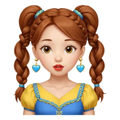 A cute ukrainian girl, looks slightly mongolian with full lips, with long auburn hair two side ponytails plaited, has heart earrings in the ukrainian yellow and blue, and is wearing her little black dress, she is blowing a kiss. sticker