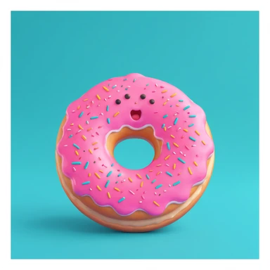 Create an emoji of this donut character with a sad expression, 3D cartoon style, pink background. sticker