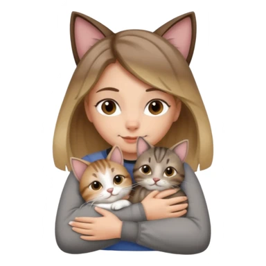 Une femme avec les cheveux dégradée, brun et blond, qui fait un câlin à son chat gris, tigré avec les extrémités que pattes pointe d’oreilles noires et le dessous du menton blanc la fille n’a pas d’oreilles, il n’y a qu’un seul chat sticker