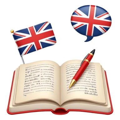 An icon featuring an open book with English words and phrases, a speech bubble with 'hello', and a British flag. The design includes a pen, alphabet letters, and grammar symbols, symbolizing the study and mastery of the English language. Transparent background. sticker