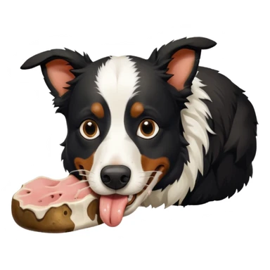 A black and white border collie is chewing on a rotten, smelly cow's hoof. sticker