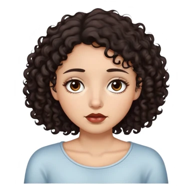 a girl with dark brown curly hair that is almost black and extends to her neck, dark brown eyes that are almost black, thin lips, sleepy eyes. sticker