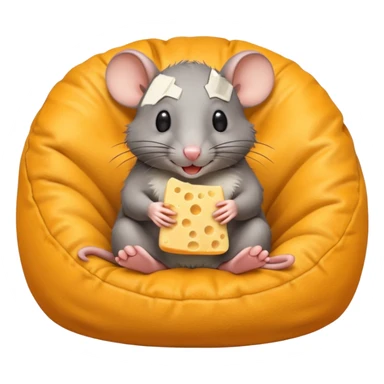 rat sitting in bean bag chair while eating cheese sticker