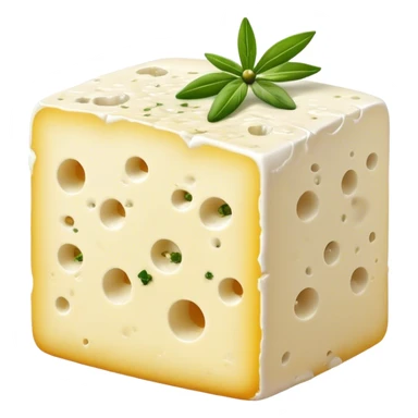 Cinematic Realistic Feta Cheese Dish Emoji, depicted as a block of crumbly, tangy cheese garnished with olive oil and herbs rendered with lifelike detail and soft natural lighting. sticker