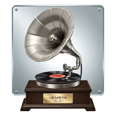 A platinum music award plaque: a square, polished platinum plate with a subtly textured, mirror-like finish, mounted on a simple dark wood base. The center features a relief of a vintage gramophone or stylized vinyl record in a slightly darker metallic tone.  sticker