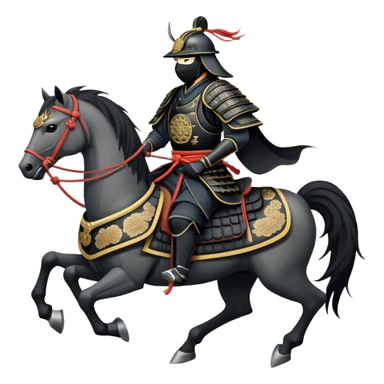 clash-of-clans-aesthetic_-cinematic-fearsome-and-majestic-samurai-bust-portrait-emoji, rendered in a flat, vector-style with minimal shading and bold, simplified shapes typical of emoji art, depicting a battle-hardened samurai with black mask and traditional black Japanese armor. The samurai is riding a noble grey warhorse adorned with an intricately designed saddle and fluttering banners and a rising sun. a samurai on a   horse sticker