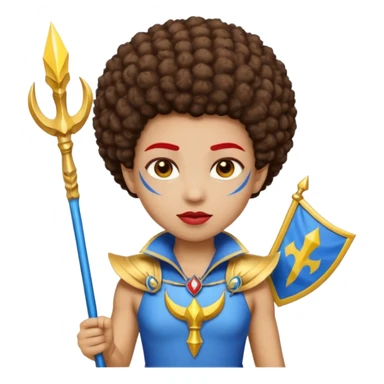 Emoji metisse femboy mais plus masculin avec drapeau ukrainien arriere plan, un afro, sourcils rouge, fourche trident, et eclairs et sur fond bleu clair irrisé. Peau lightskin, yeux marron et cheveux marron bouclés mais en mode afro pixi cut sticker