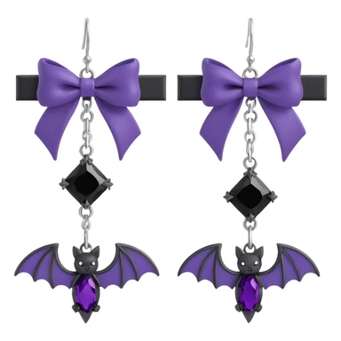 gothic earrings with deep purple satin bows, silver bat charms, black gemstone accents, luxurious and gothic, matching the choker sticker