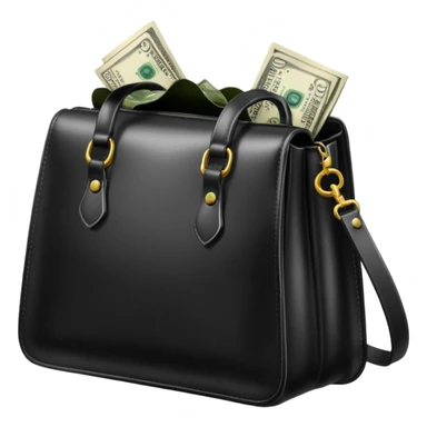 Create a black leather bag with a stack of cash inside in authentic Apple emoji style. sticker