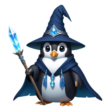 A mysterious penguin mage with sleek midnight-blue feathers, wearing a flowing black robe adorned with silver runes. A tall, pointed wizard hat sits slightly tilted on his head, the brim casting a shadow over his glowing icy-blue eyes. His flipper clutches an ancient wooden staff topped with a swirling crystal, radiating a soft, cold light. Snowflakes drift around him as he stands on a frozen cliff, his aura crackling with arcane energy, ready to summon a blizzard with a flick of his staff. sticker