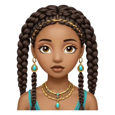 A black girl with neutral skin, Bohemian, braids, and gold, jewelry and lashes and make up on her face sticker