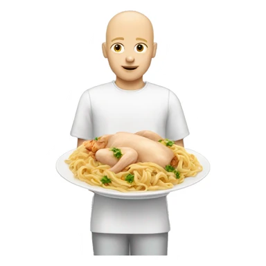 Half bald blonde boy with a dish of pasta and chicken sticker