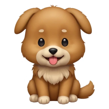 Cute small brown fluffy dog emoji icon. Round face, short muzzle, light brown fur with slightly darker ears, small black nose, happy smiling expression with tongue out. Soft friendly eyes, sitting pose with front paws together. Simple clean vector style, minimal details, kawaii style. sticker