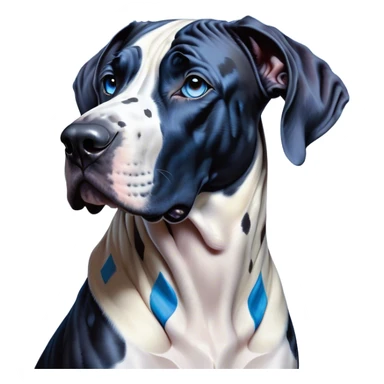 Cinematic Noble Harlequin Great Dane Portrait Emoji, Poised and regal, with a towering, muscular build and a striking coat of predominantly white with bold black patches, deep-set soulful blue eyes, Simplified yet sharp and sophisticated features, highly detailed, glowing with a soft, dignified glow, high shine, intelligent and loyal, stylized with an air of majesty, focused and attentive, soft glowing outline, capturing the essence of a watchful and confident guardian, so majestic it feels as though it could stride out of the screen with effortless authority! sticker