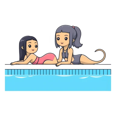 Very thin and slim Chinese woman with long black hair in pool attire at an indoor swimming pool with her Italian greyhound that is COMPLETELY solid dark grey with ABSOLUTELY ZERO white markings anywhere - 100% uniform dark grey color only sticker