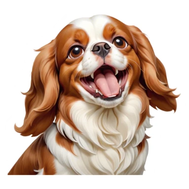 Cinematic Cute Yawning Blenheim Cavalier King Charles Spaniel Portrait Emoji, Head tilted slightly with a dramatic, wide-open yawn, soft Blenheim coat with delicate chestnut and white markings, floppy ears slightly drooping, round brown eyes barely open in drowsy contentment, Simplified yet irresistibly adorable features, highly detailed, glowing with a soft, cozy glow, high shine, relaxed yet expressive, stylized with a touch of whimsy, bright and endearing, soft glowing outline, capturing the essence of a sleepy yet affectionate companion, so drowsy it feels like it could stretch right out of the screen and curl up for a nap! sticker