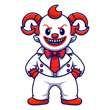 full-body demonic clown in a white leisure suit with bellbottom pants, bald, with black ram horns, flashy belt, ruffled shirt, no neck tie, large fangs in mouth sticker