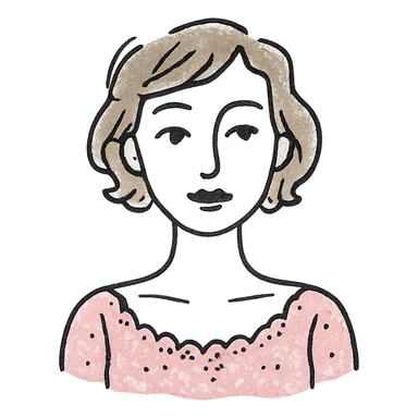 stylized icon of a woman with white skin, short wavy light brown hair, light makeup, wearing a pink dress with intricate, delicate details, minimal background sticker