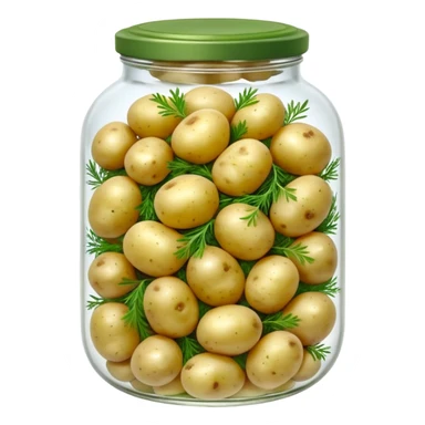 A round jar of small pickled potatoes with sprigs of dill floating inside.









 sticker
