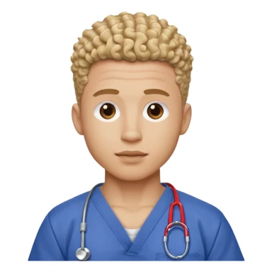 Ripped, athletic man with thick neck, high top fade with no part, curly hair only top only, no shirt and show waistline up add scrubs sticker