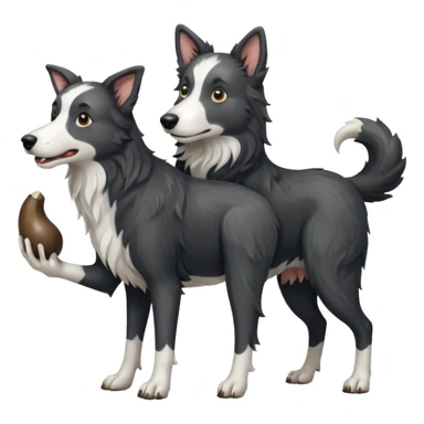 A black and white border collie werewolf, standing on her hind legs, holding a cow's hoof. sticker