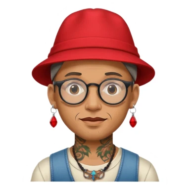 unique looking tourist with big unique red tourist hat and earrings, man with lots of tattoes and spectacles sticker