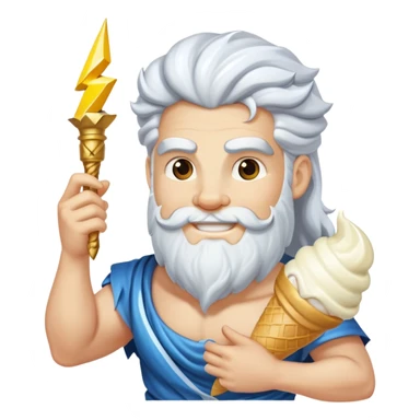 smiling Zeus with white ice cream and lightning bolt sticker