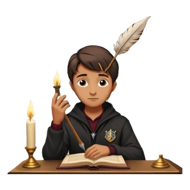 "Thinking face emoji 🤔 as a thoughtful wizard in Hogwarts library, scratching head with quill, surrounded by floating books and candles, detailed digital art in Harry Potter style, puzzled expression, magical atmosphere."
 sticker