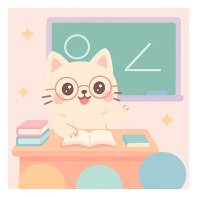 cat teacher sitting at a desk explaining to students, wearing glasses, classroom props visible, cute and charming style sticker