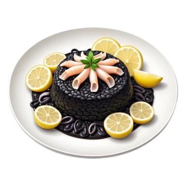 cinematic-realistic-black-risotto-dish,-showcasing-lagre squid pieces-rendered-with-bold-textures-and-dynamic,-dramatic-lighting in a white plate with a grilled lemon on top sticker