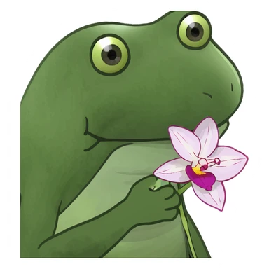 cat holding an orchid, green bufo frog meme style sticker