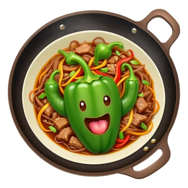 Green Pepper with Shredded Pork in wok, simplified emoji style with bold outlines and bright colors, cartoon style Qing Jiao Rou Si homestyle dish sticker