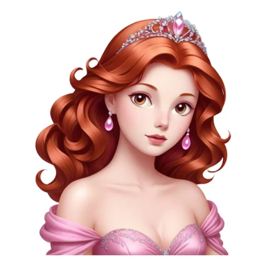 Cinematic Majestic Sleeping Beauty Portrait Emoji, rendered in a clean, vector-style with bold, simplified shapes. Show Aurora with a serene, noble expression, luminous porcelain skin, and elegantly flowing auburn hair, dressed in an opulent pink ball gown. The design radiates a majestic, enchanted glow with high shine and a soft glowing outline, embodying classic royal elegance. sticker