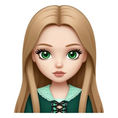pretty bratz girl, long straight light brown hair, jade green eyes, black eyeliner, pale skin, dark feminine clothes with laces sticker