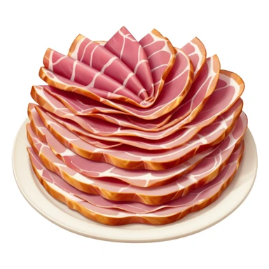 dry-cured ham one or two thin folded slices deep pink to red white fat streaks silky translucent marbled natural folds curls creamy integrated fat no bread fruit plate no faces clean 3D soft shadows transparent background emoji scale sticker