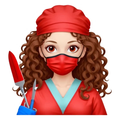 Lilith symbol seductress long curly hair evil surgeon.  brown hair. Red surgical mask and hair covering. She works for cartel and kills  with a scalpel. sticker