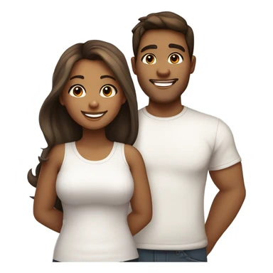 A couple of friends. One light brown girl with dark long hair and some Honey highlights and her chubby mid tone skin male friend with a side left hair and a he is  little chubby. Both with white tshirts and close to each other and happy. Be a cute emoji  sticker