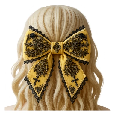 Add more gothic details such as ornate filigree, small black roses, and subtle cross motifs to the pastel yellow gothic bow and matching hair comb. Keep lace and velvet details. Photorealistic style. Keep background transparent if possible. sticker