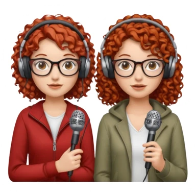 two girls. both white. one with curly red hair and glasses. one with curly brown hair without glasses. there are headphones and microphones for doing a podcast sticker