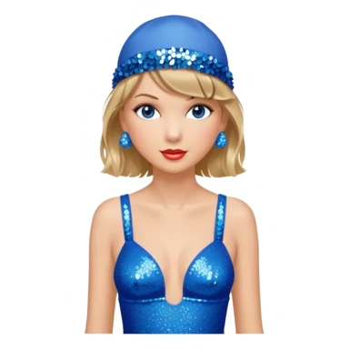 Taylor Swift wearing a blue bathing suit with sparkly sequin straps. She is also wearing a sequin blue swim cap with a sequin strap going under her chin. She has a blue tinsel boa draped over her shoulders. sticker