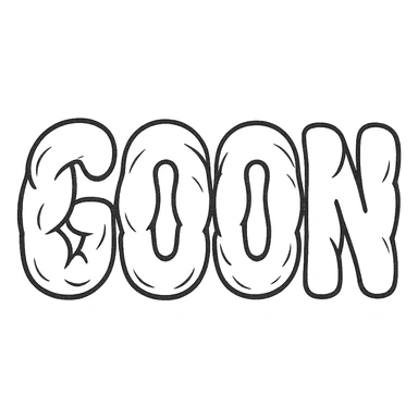 Add some muscle bulges to the word GOON, making the letters appear more three-dimensional and muscular, but still keeping the overall look clean and not overly detailed. No background. sticker