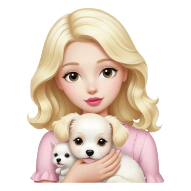 Parisian girl, white skin, blonde hair, natural pink lips, wave hair, holding a white dog sticker