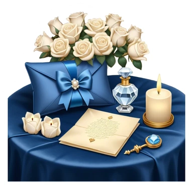 A carefully folded love letter, tied with a silky blue ribbon, sits on a velvet cushion. Beside it stands a tall crystal perfume bottle, exuding the soft scent of white roses. Pearl butterflies hover above the table, as the warm glow of candlelight reflects off the golden wax seal. sticker